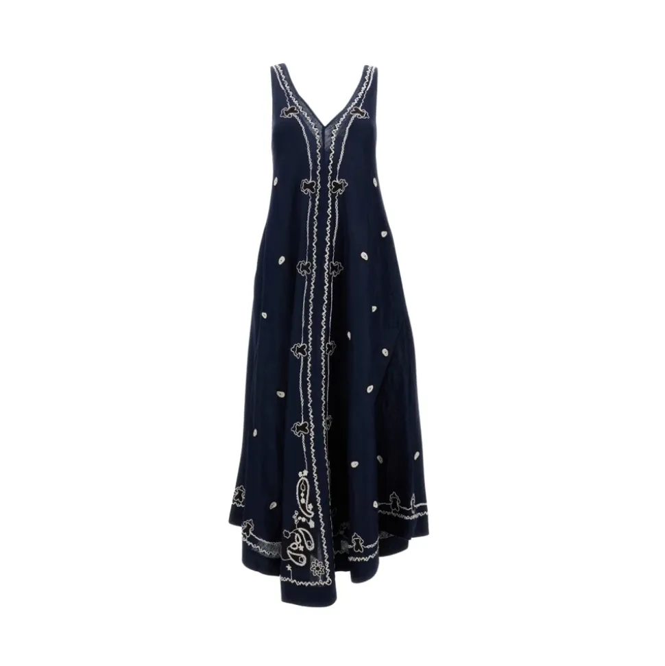 Besticktes langes Leinenkleid