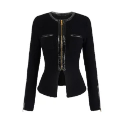Bouclé-Strickjacke mit Vinyl-Details