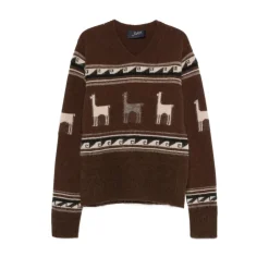 Brauner Llama-Muster V-Ausschnitt Pullover