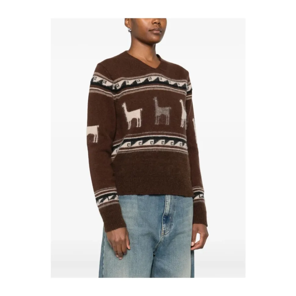 Brauner Llama-Muster V-Ausschnitt Pullover