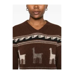 Brauner Llama-Muster V-Ausschnitt Pullover