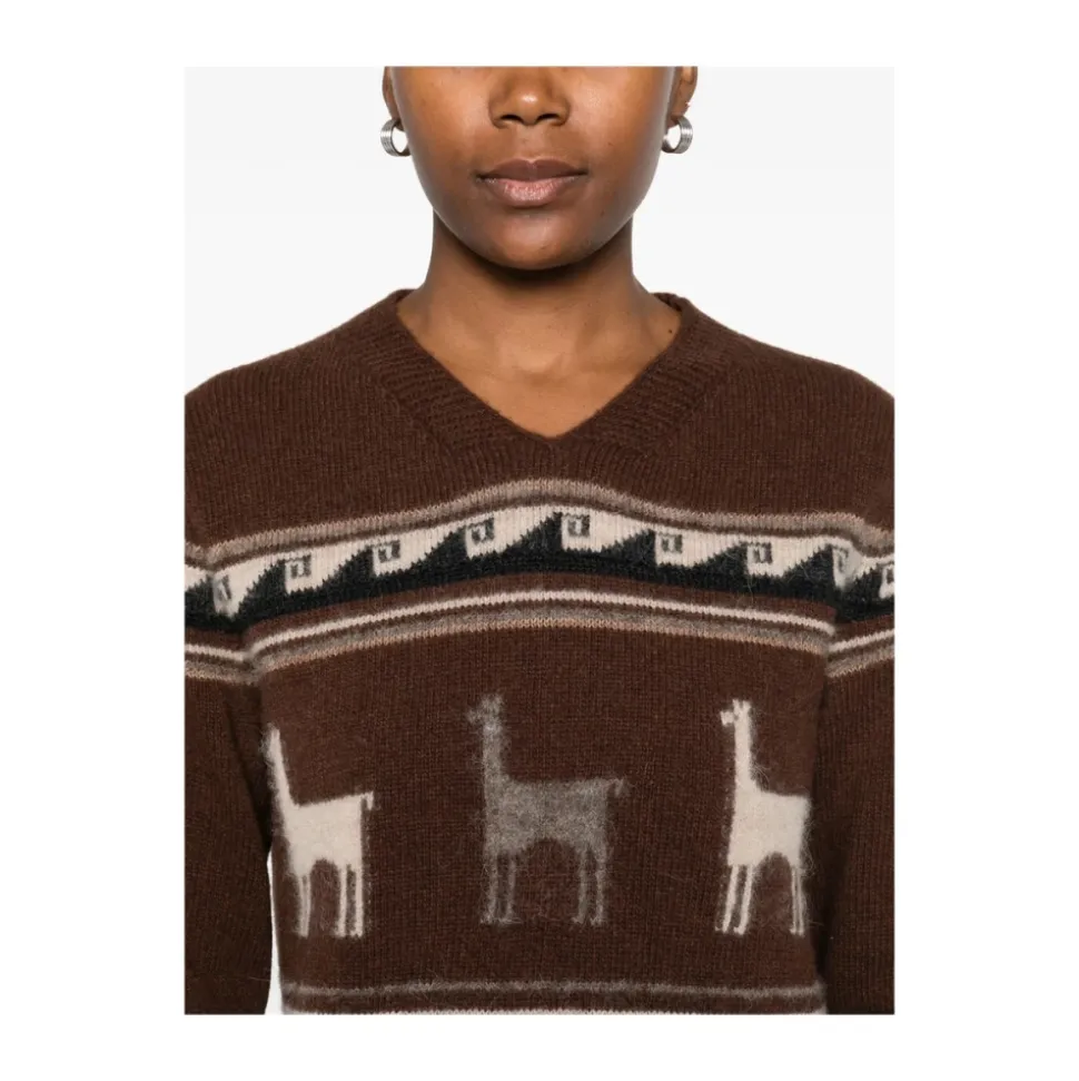 Brauner Llama-Muster V-Ausschnitt Pullover