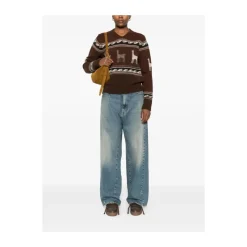 Brauner Llama-Muster V-Ausschnitt Pullover