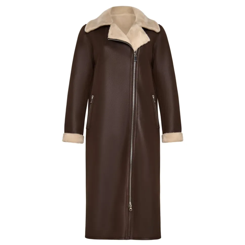 Brauner, wendbarer Shearling-Longmantel in Lederoptik