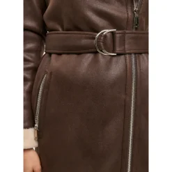 Brauner, wendbarer Shearling-Longmantel in Lederoptik