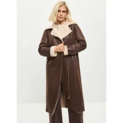 Brauner, wendbarer Shearling-Longmantel in Lederoptik