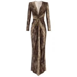 Braunes Print Twist-Front Langarm Kleid