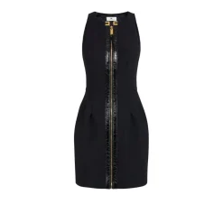 Doppellagiges Crêpe-Kleid mit Knisterleder-Besatz