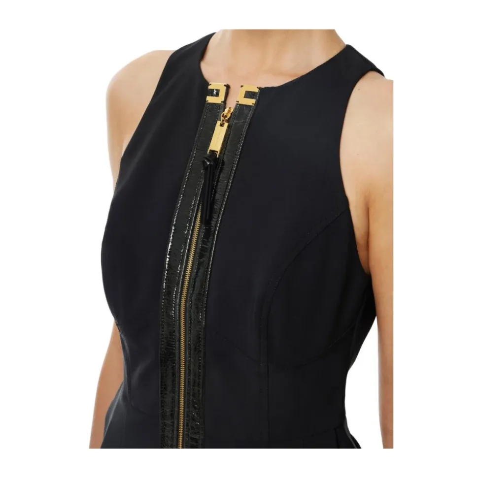 Doppellagiges Crêpe-Kleid mit Knisterleder-Besatz