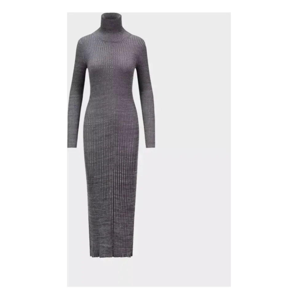 Geripptes Woll-Midikleid mit Rollkragen
