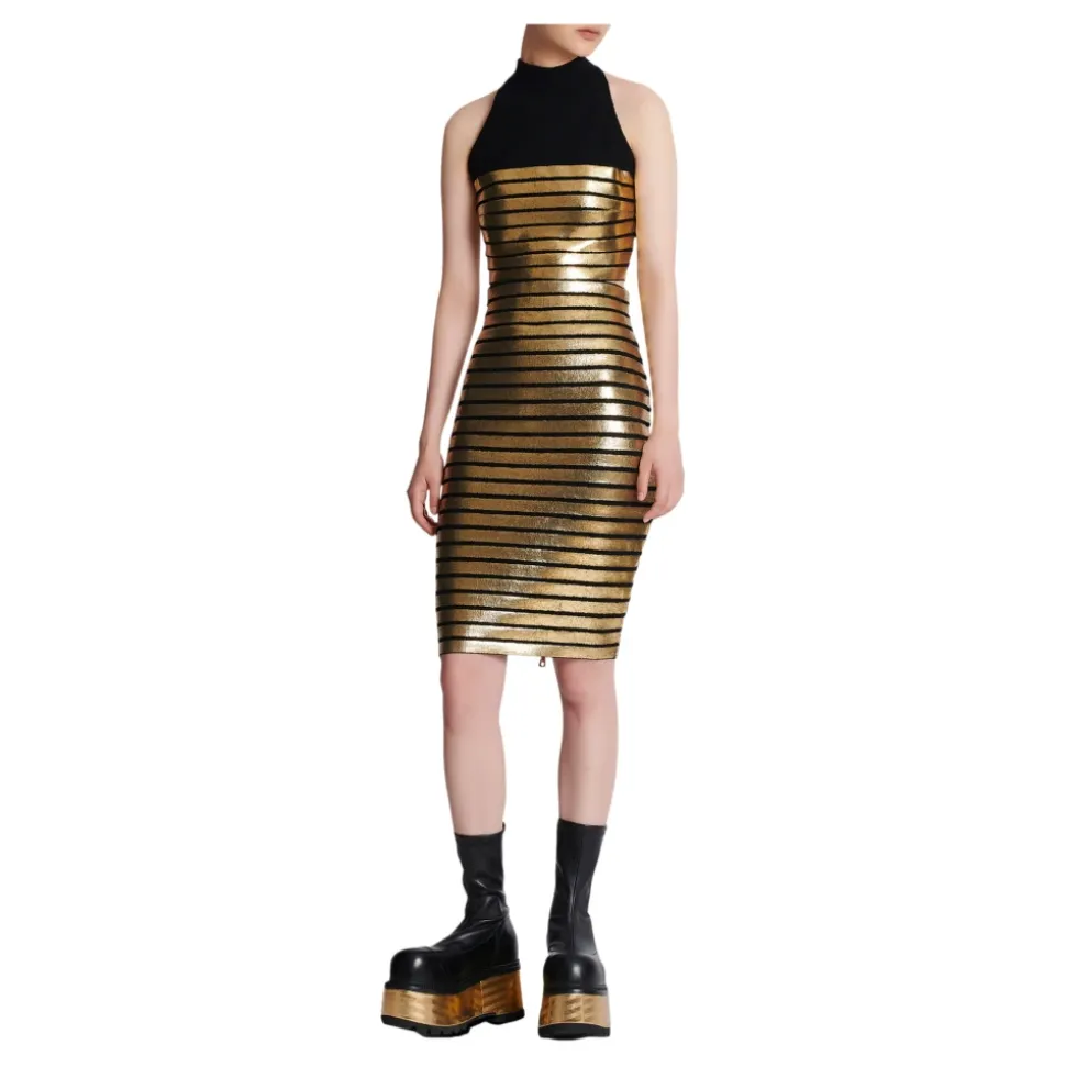 Golden Striped Knit Knee Skirt