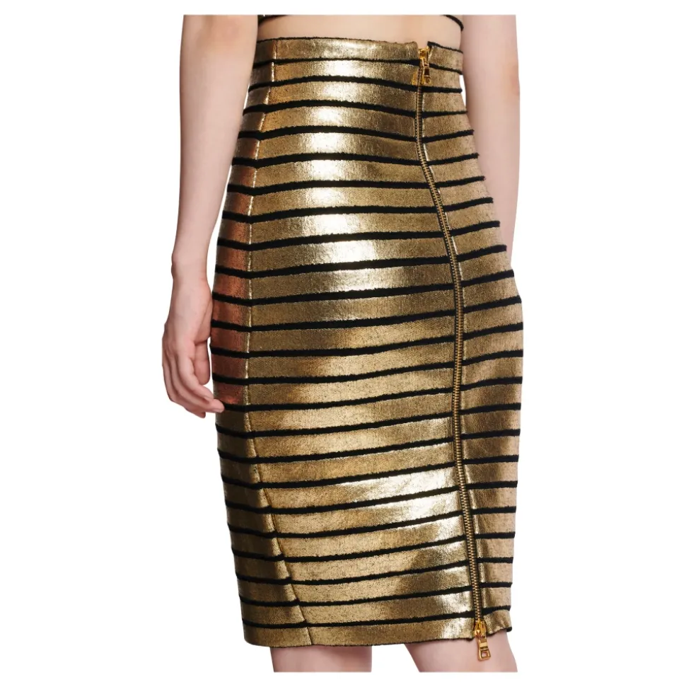 Golden Striped Knit Knee Skirt