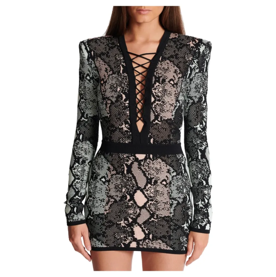 Kurzes Kleid mit Schnürung und Schlangenleder-Jacquardmuster