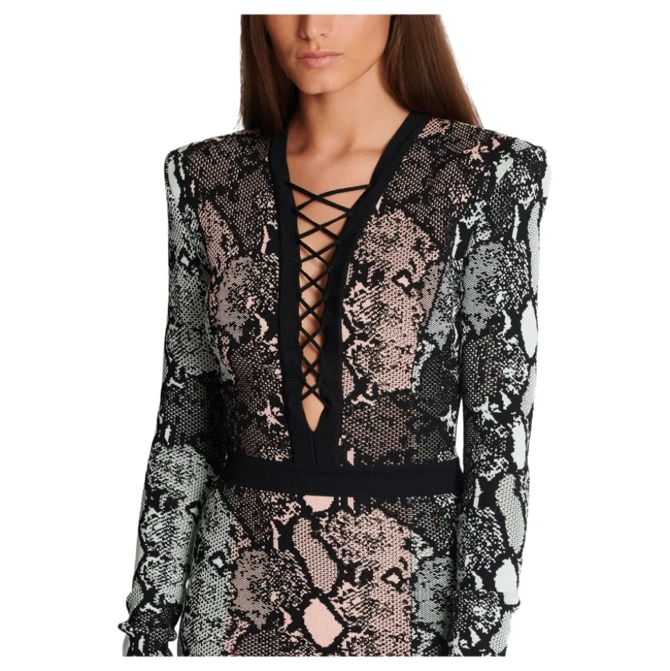 Kurzes Kleid mit Schnürung und Schlangenleder-Jacquardmuster