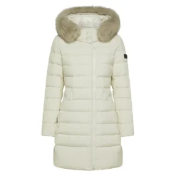Lang gesteppte Daunenjacke mit Pelzbesatz