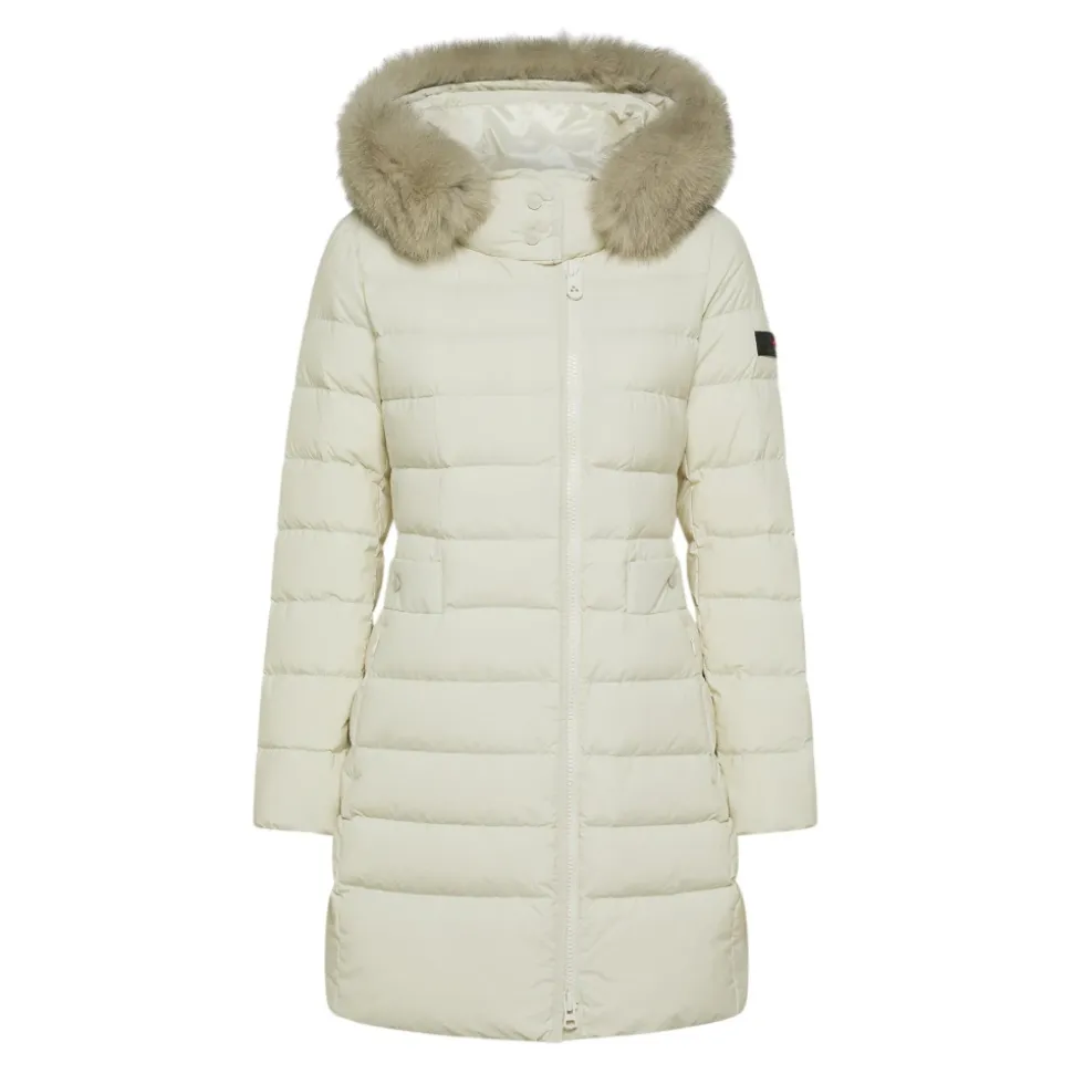 Lang gesteppte Daunenjacke mit Pelzbesatz
