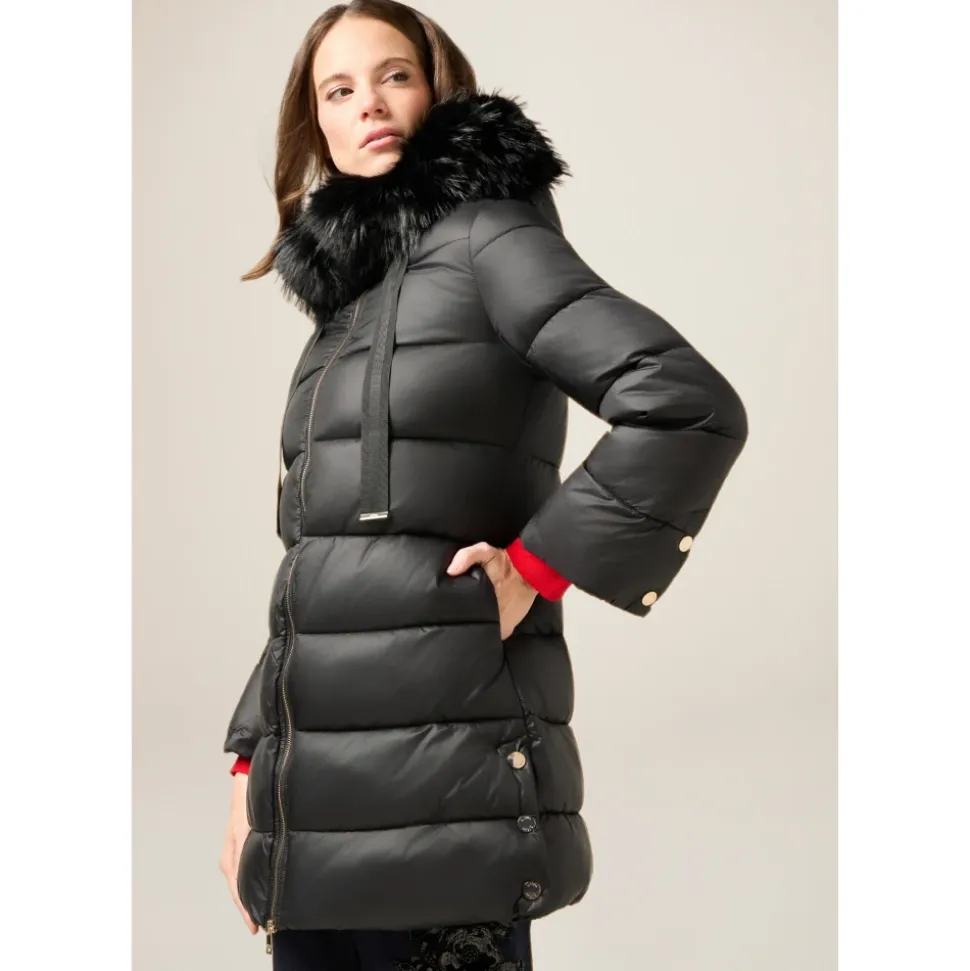 Midi-Daunenjacke mit Kapuze und Fellbesatz
