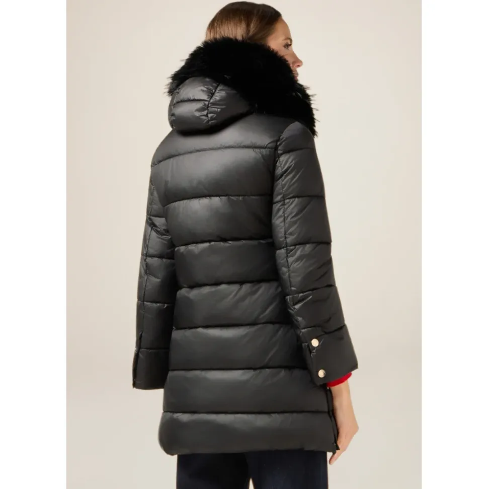 Midi-Daunenjacke mit Kapuze und Fellbesatz