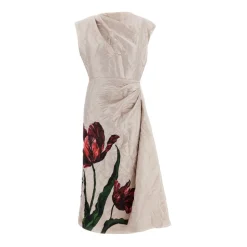 Midikleid mit Blumenmuster aus strukturiertem Satin mit Drapierung