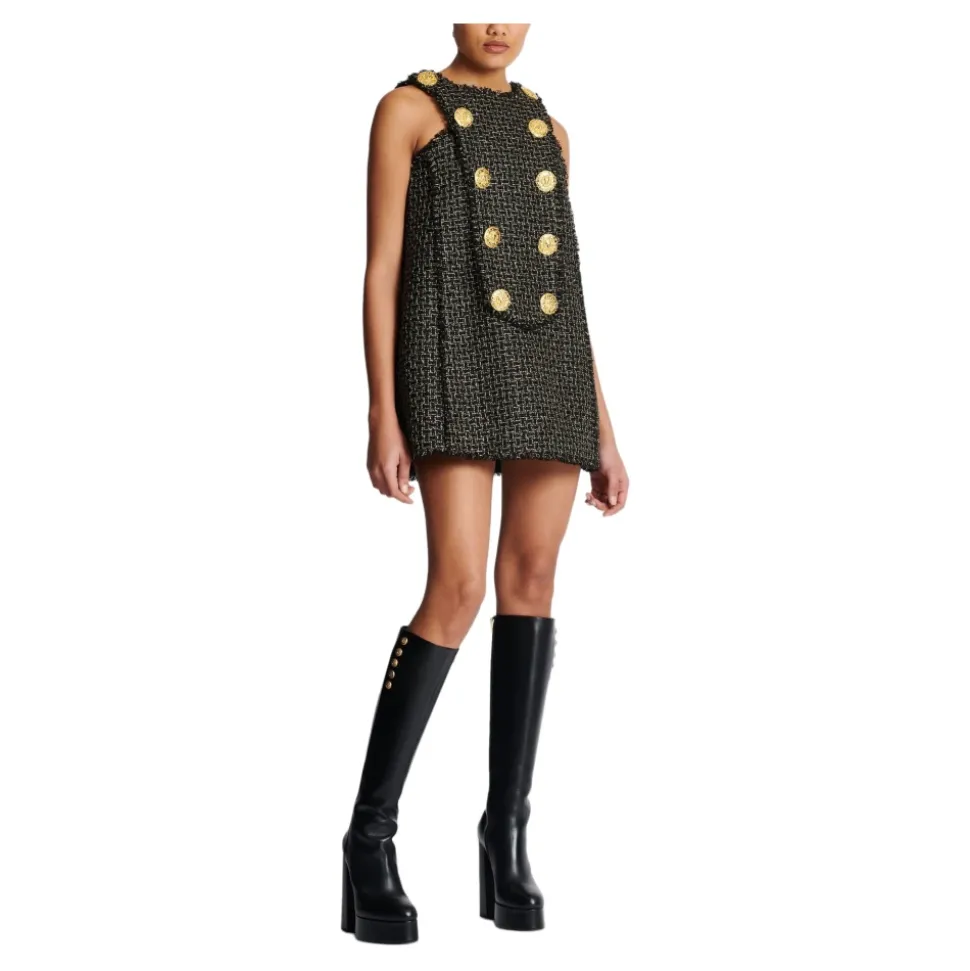 Ärmelloses Lurex-Tweed-Kleid mit Knöpfen