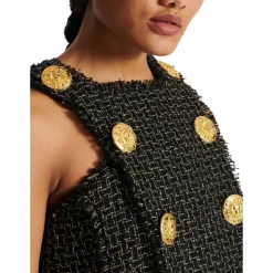 Ärmelloses Lurex-Tweed-Kleid mit Knöpfen