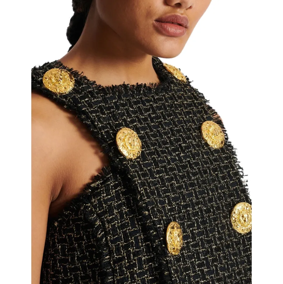 Ärmelloses Lurex-Tweed-Kleid mit Knöpfen