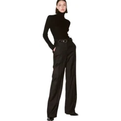 Schwarze Gerade Weite Bein Woll-Kaschmir Hose