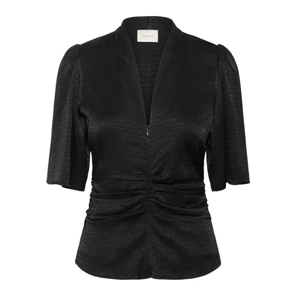 Schwarze Satinbluse mit V-Ausschnitt