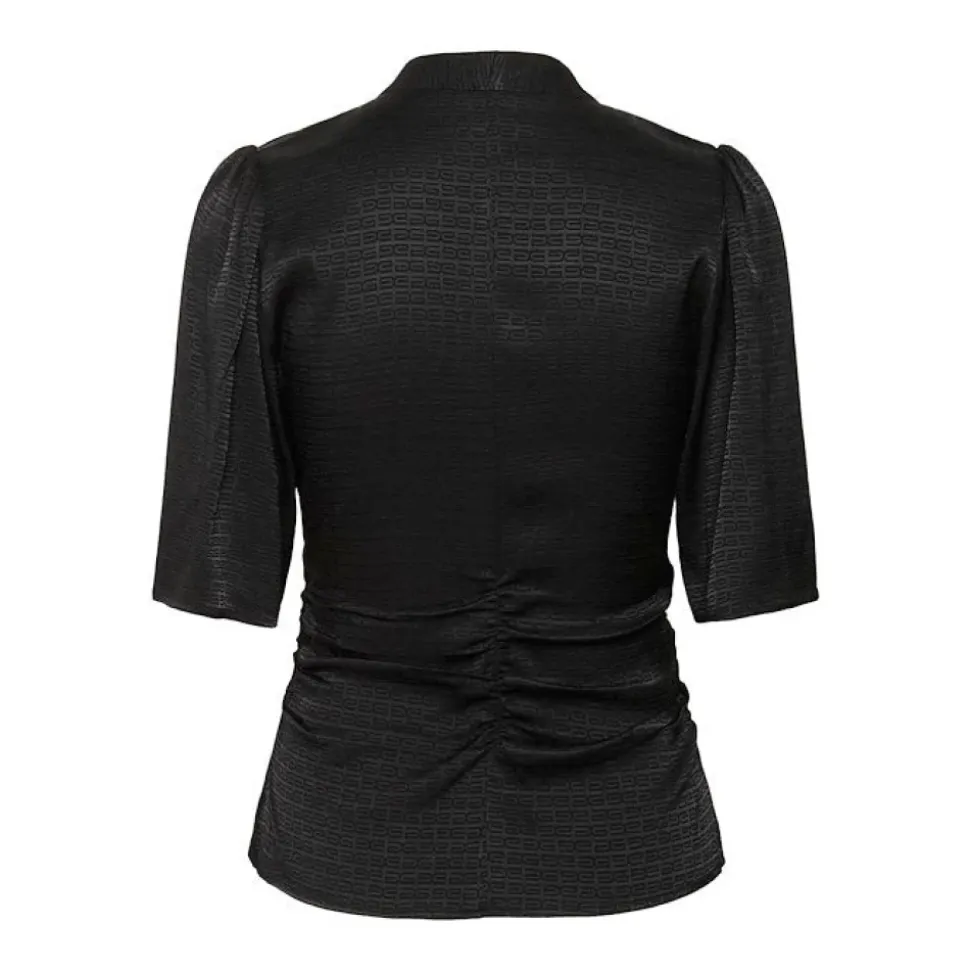 Schwarze Satinbluse mit V-Ausschnitt