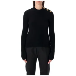 Schwarzer Gerippter Wollpullover mit Goldknöpfen