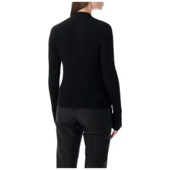 Schwarzer Gerippter Wollpullover mit Goldknöpfen