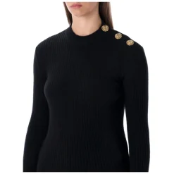 Schwarzer Gerippter Wollpullover mit Goldknöpfen