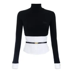 Schwarzer Rollkragenpullover mit Logo-Schnallengürtel
