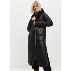 Schwarzer, wendbarer Shearling-Mantel in Langform aus Kunstleder