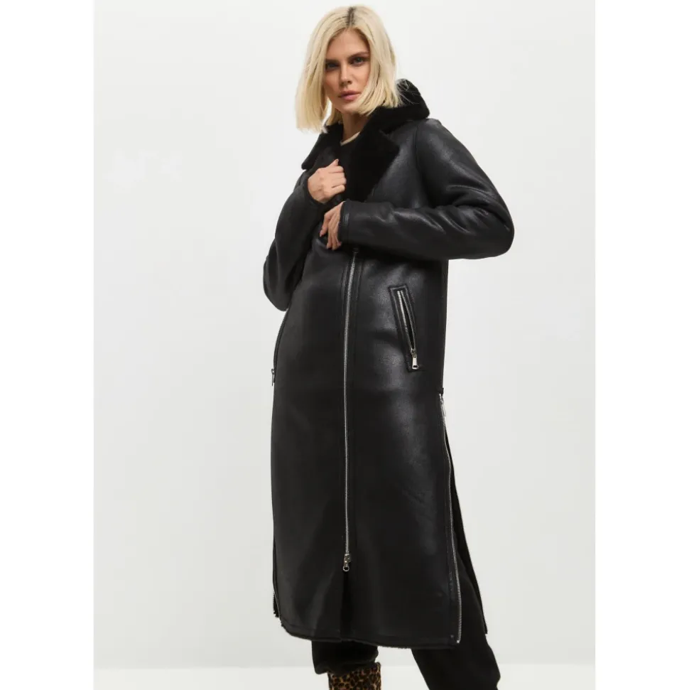Schwarzer, wendbarer Shearling-Mantel in Langform aus Kunstleder