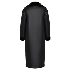 Schwarzer, wendbarer Shearling-Mantel in Langform aus Kunstleder