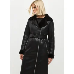 Schwarzer, wendbarer Shearling-Mantel in Langform aus Kunstleder
