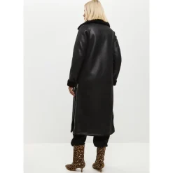 Schwarzer, wendbarer Shearling-Mantel in Langform aus Kunstleder