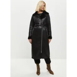Schwarzer, wendbarer Shearling-Mantel in Langform aus Kunstleder