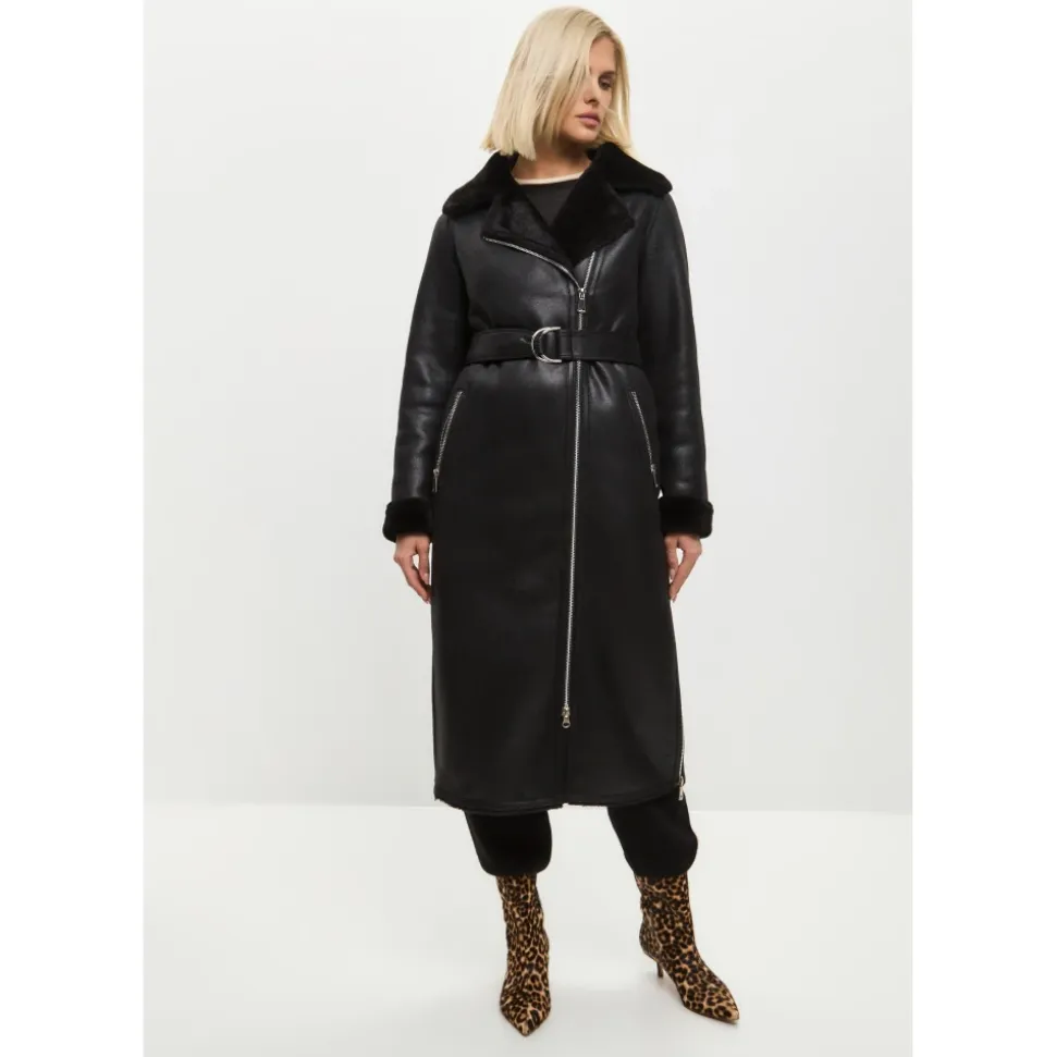 Schwarzer, wendbarer Shearling-Mantel in Langform aus Kunstleder