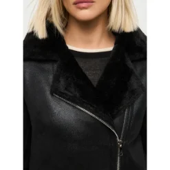 Schwarzer, wendbarer Shearling-Mantel in Langform aus Kunstleder