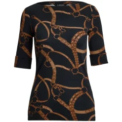Schwarzes Lauren By Ralph Lauren Schwarz/Tan Judy Bootausschnitt Top Top