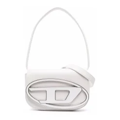Weiße Kalbsleder Logo Plakette Tasche